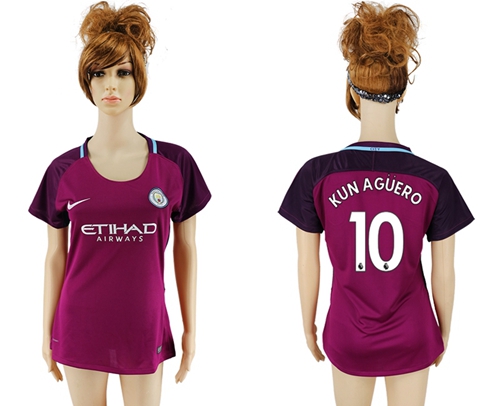 Women's Manchester City #10 Kun Aguero Away Soccer Club Jersey - Click Image to Close